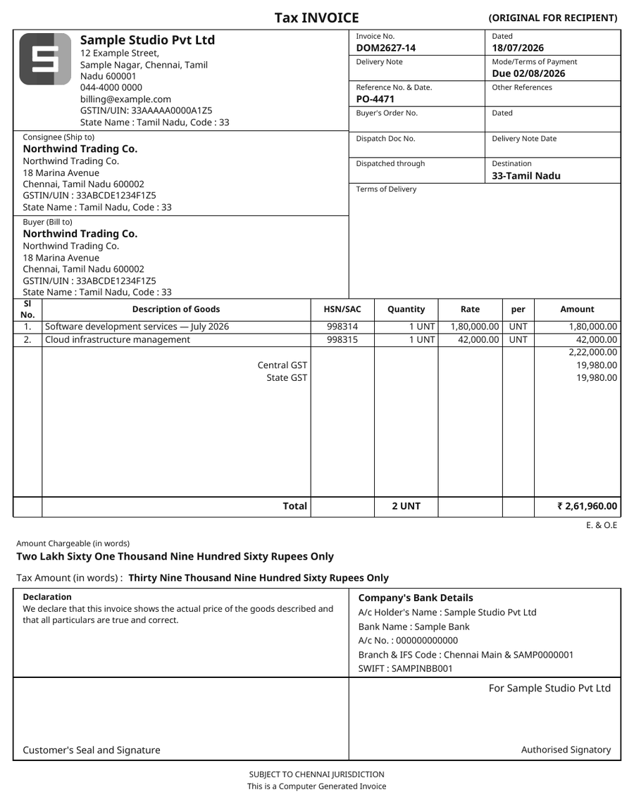 A generated Classic layout domestic GST tax invoice, monochrome and fully ruled, showing the CGST and SGST split
