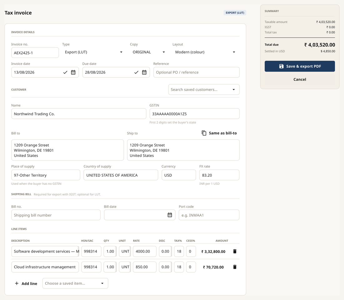 The Dock Invoice editor, showing an export invoice under LUT with USD line items, an FX rate and INR totals