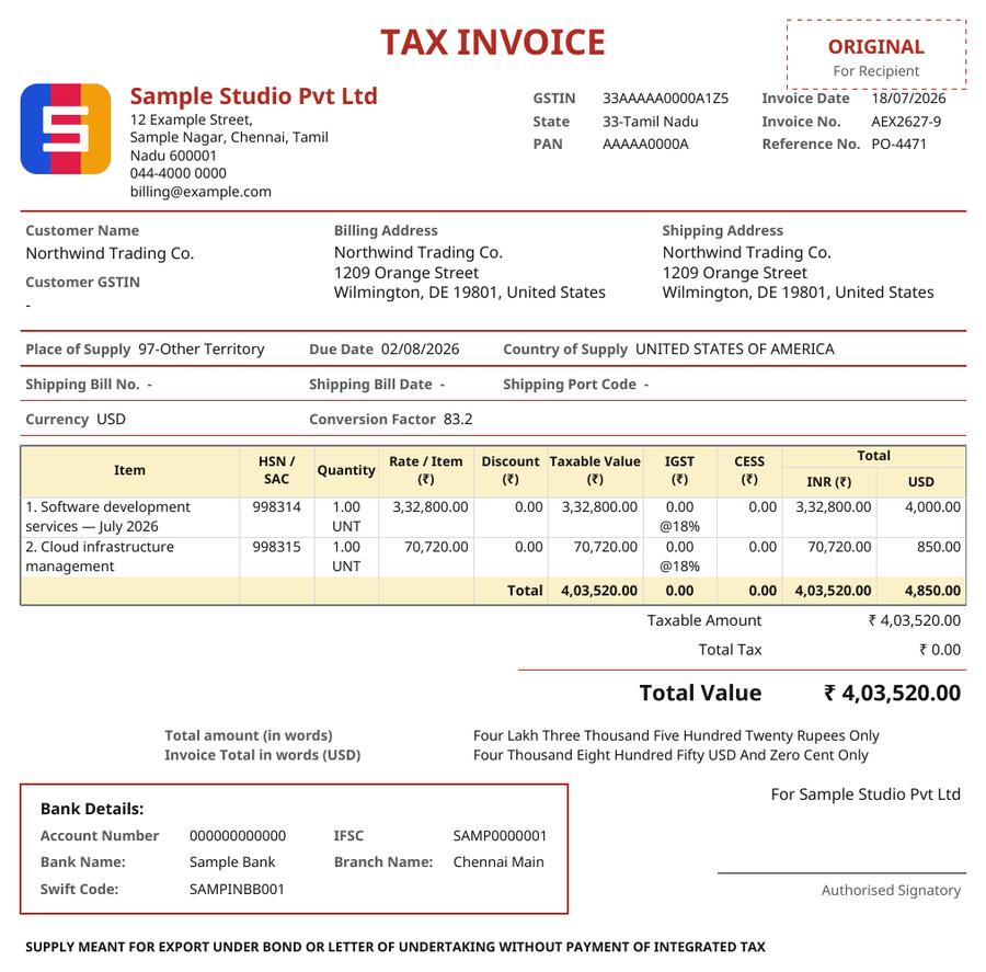 A generated Modern layout export invoice under LUT, in colour, showing USD and INR totals and the LUT declaration